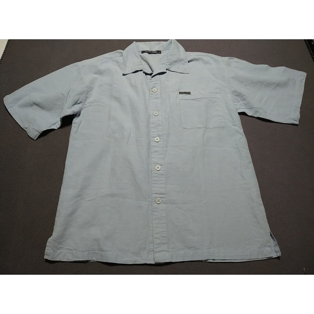 Andrew Fezza Shirt Men L/Chest 44"‎ Blue Button Up Short Sleeve Linen Feel Soft
